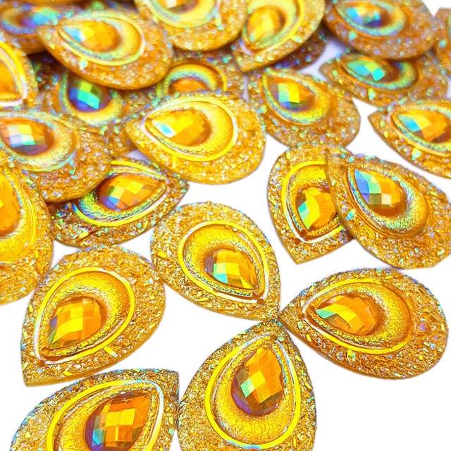 Sparkly Buttons Drop AB color Sew On crafts Rhinestones Flatback Beads Sewing for costume Wedding Dress Decorations 18x25mm 50pcs (Yellow)