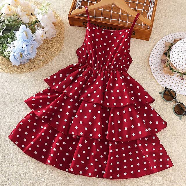 Left Mama Tween Girl Polka Dot Printed Spaghetti Strap Layered Dress For Summer