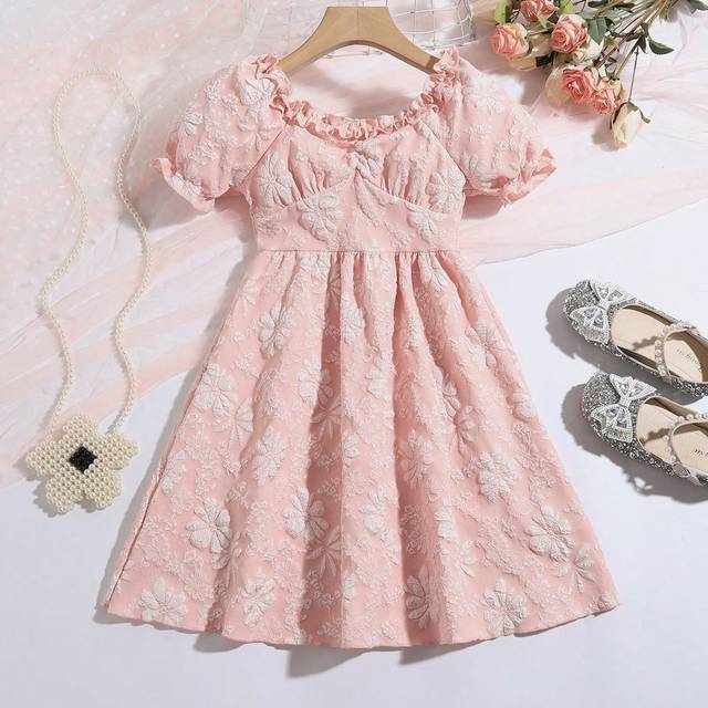 SHEIN Tween Girls&#39; Sweet Flower Pattern Bubble Sleeve High Waist A-Line Dress