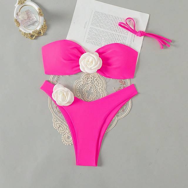 Kvinnors Halter-Neck Bikini Set Med 3D Blomma Dekorationer - Rosa (L,M,S,XL)