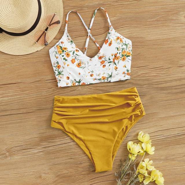 Summer Beach Floral Patchwork Print V-Neck Bikini Set, Bikini Set - Gul (L,M,S,XL)