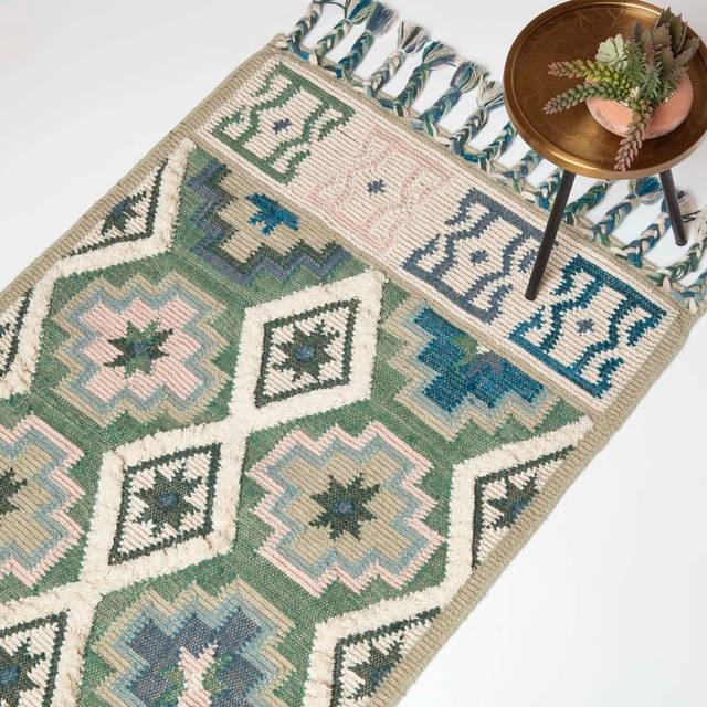 Green & Blue 120 x 170 cm Satara Handwoven Wool Kilim Rug