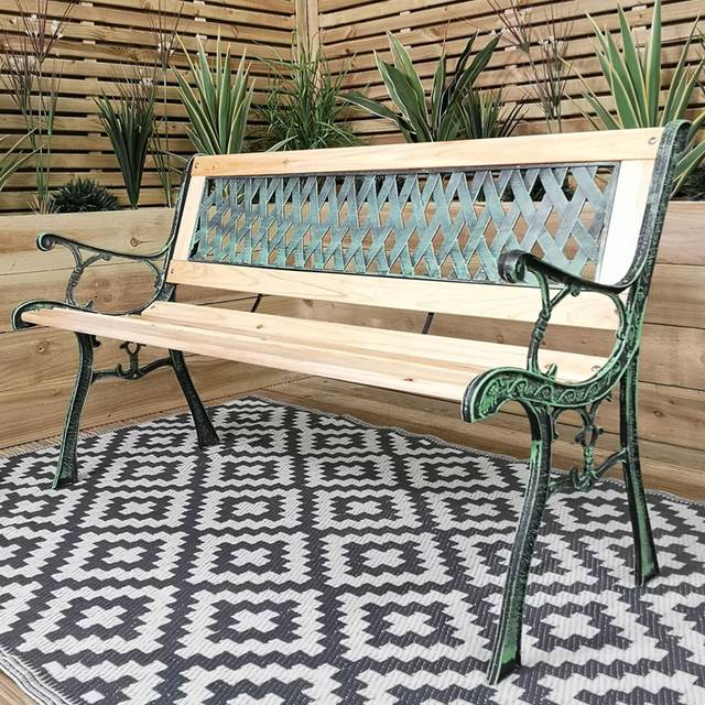Samuel Alexander 2 Seater Outdoor Wooden Cast Iron with Lattice Design Garden Patio Bench, Brown