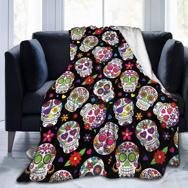 "BLUBLU Day of The Dead Sugar Skull Flannel Fleece Bed Blanket Throw Blanket Lightweight Cozy Plush Blanket for Bedroom Living Rooms Sofa Couch 50""x40"""