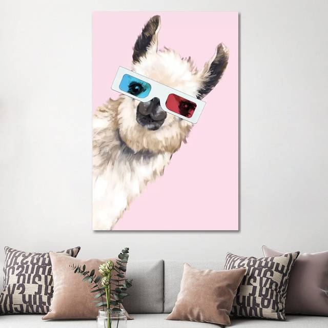 Sneaky Llama with 3D Glasses in Pink by Big Nose Work - Wrapped Canvas Graphic Art (152.4cm H x 101.6cm W x 3.81cm D)