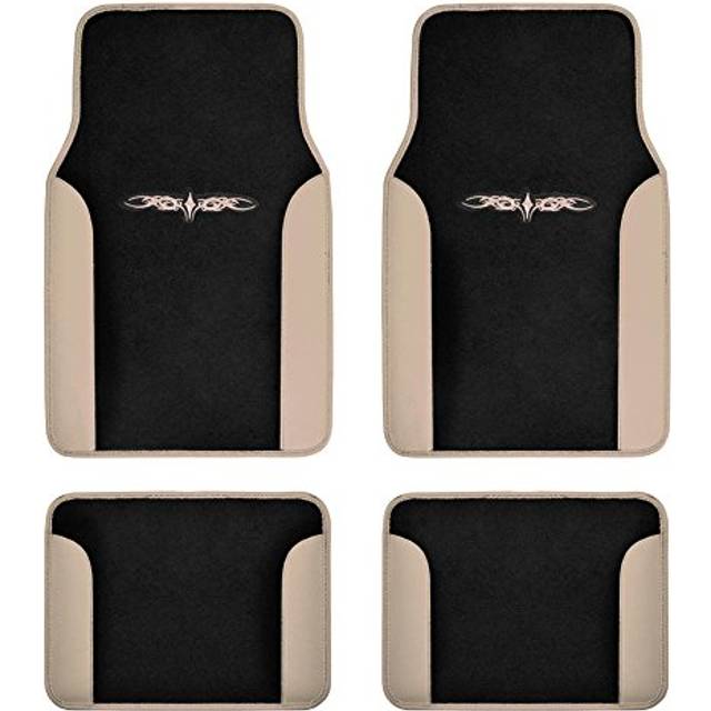 carXS Fresh Two-Tone Carpet Floor Mats, Tribal Tattoo Design with Vinyl Trim for Car Sedan Truck SUV, Front & Rear Set of 4, Beige