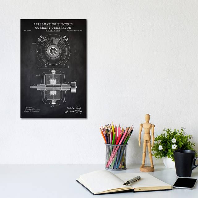 Tesla Alternating Electric Current Generator, Black by PatentPrintStore - Wrapped Canvas Graphic Art (30.48cm H x 20.32cm W x 1.91cm D)