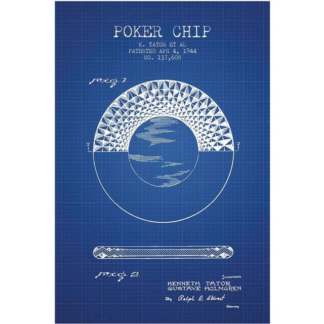 K. Tator Et Al. Poker Chip Patent Sketch (Blue Grid) by - Wrapped Canvas Graphic Art (20.32 cm H x 30.48 cm W)