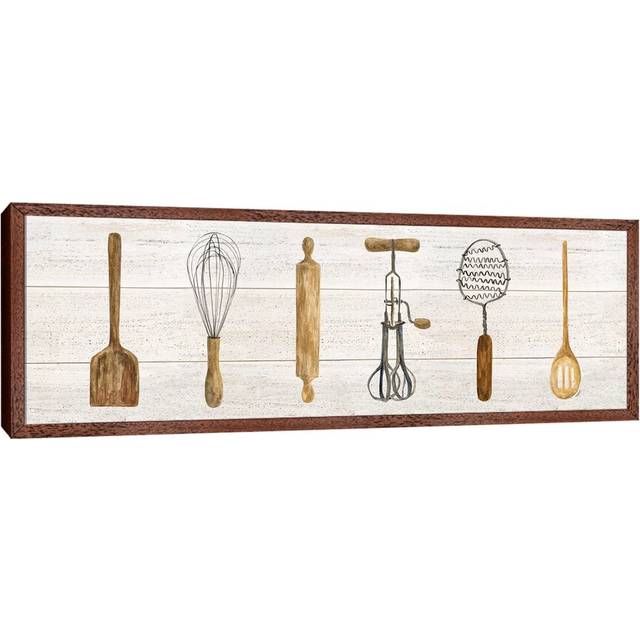 Vintage Kitchen Utensils Panel by Tara Reed - Panoramic Graphic Art Print on Canvas - Classic Brown Wood Framed (121.92 cm H x 40.64 cm W)