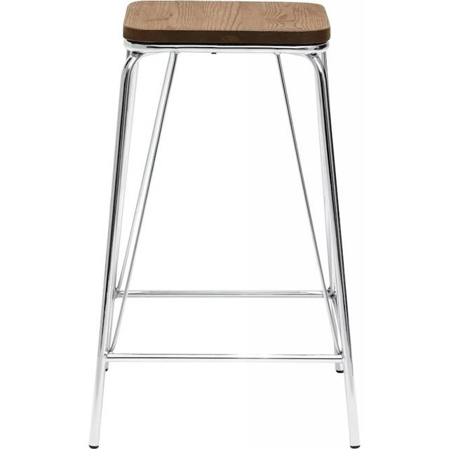 Premier Housewares - Interiors by Premier Chrome Metal and Elm Wood Stool, Large Square Stool, Accent Wooden Bar Stool for Home Bar