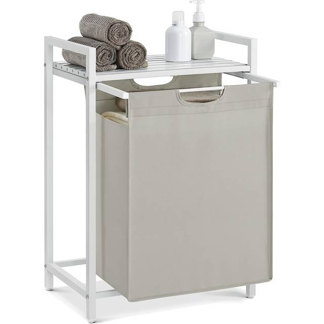 VASAGLE Tvättkorg, Tvättkorg med Hylla, Tvättlåda, Oxford Tyg Tvättväska, Utdragbar, Avtagbar, Metallram, 65 L, 50 x 33 x 72 cm, Vit BLH101W01
