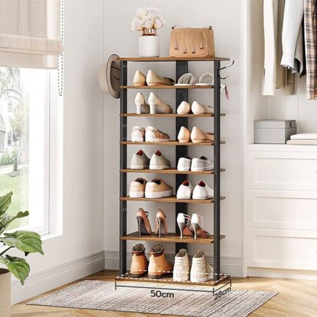 Shoe Rack Wooden, Tall Shoe Rack, Narrow Shoe Storage Organizer with 2 Hooks, Slim Shoe Shelf, Vertical Shoe Tower for Entrance, Living Room,