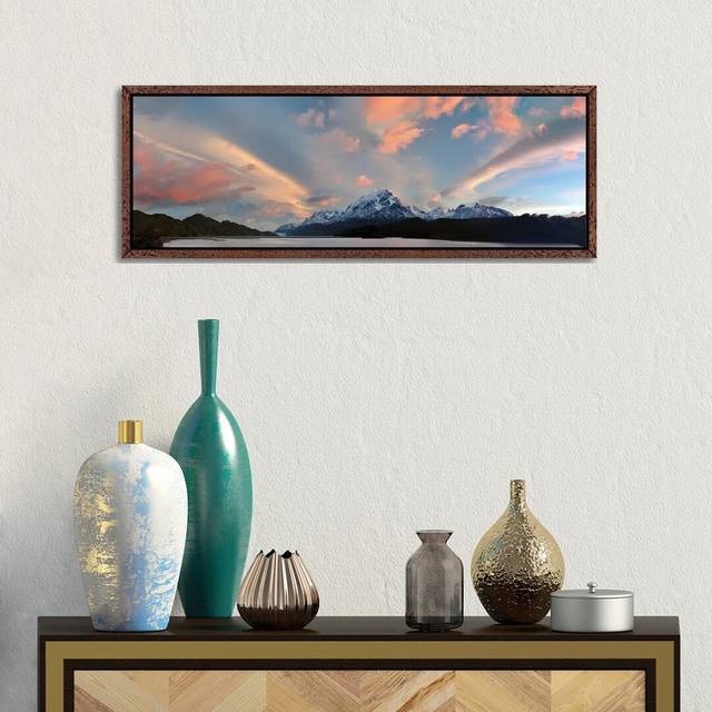 Landscape With Lake Grey And Mountains At Sunset, Patagonia, Chile by Panoramic Images - Panoramic Gallery-Wrapped Canvas GiclÃ©e on Canvas - Classic Wood Framed (12&#34; H x 36&#34; W)