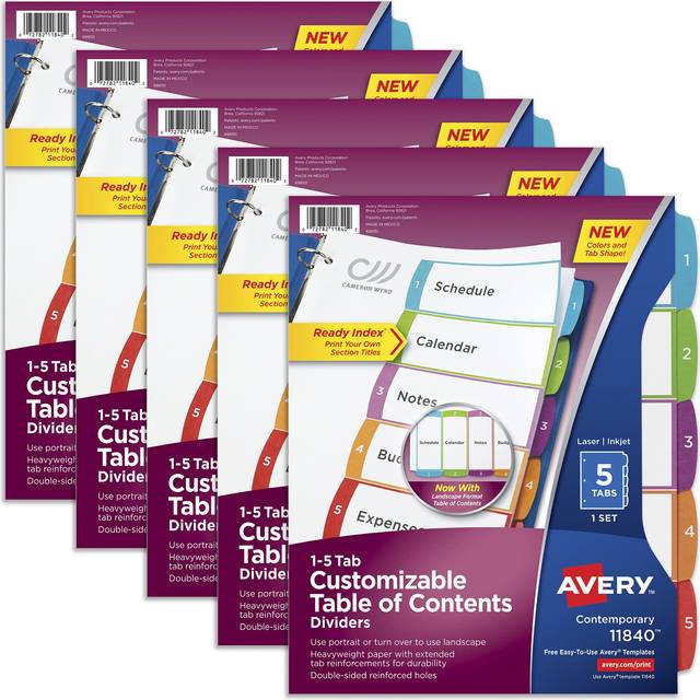 Avery 5 Tab Dividers for 3 Ring Binders  Customizable Table of Contents  Multicolor Tabs  5 Packs  5 Sets Total (11840)