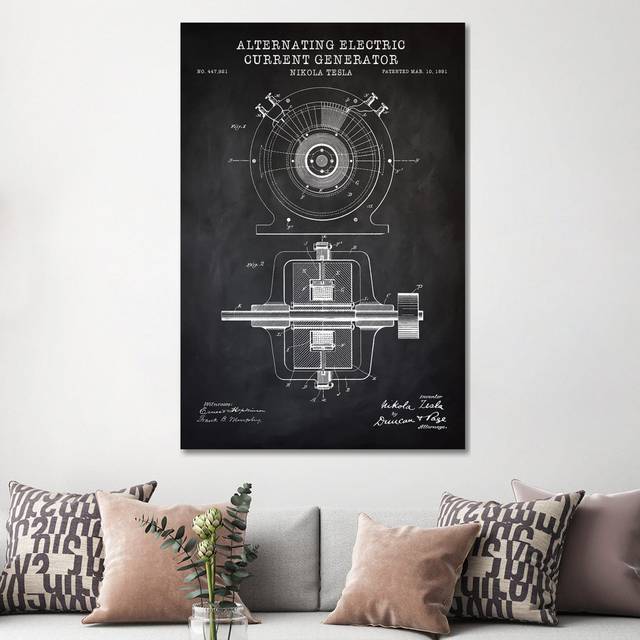 Tesla Alternating Electric Current Generator, Black by PatentPrintStore - Wrapped Canvas Graphic Art (152.5 cm H x 101.5 cm W)