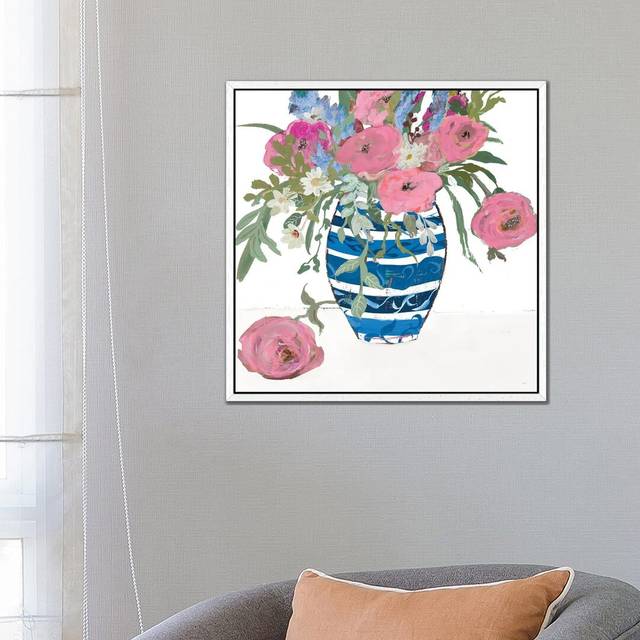 Blue Vase of Pink Roses by Robin Maria - Painting on Canvas - White Floater Frame (66.04 cm H x 66.04 cm W)