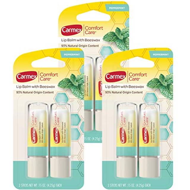 Carmex Comfort Care Lip Balm Sticks with Beeswax  Peppermint Lip Balm Flavor  6 Count 3 Packs of 2