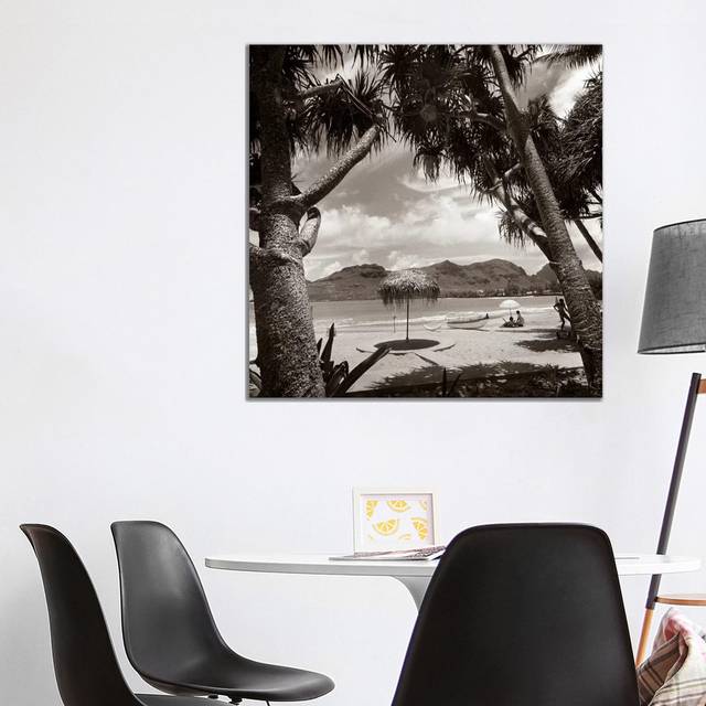 1930s Mountains Beach Relaxing Vacation Sun Sunshine Umbrella Boat Canoe Shore Clouds Silhouette Couple by Vintage Images - Wrapped Canvas Art Prints (93.98cm H x 93.98cm W x 1.91cm D)