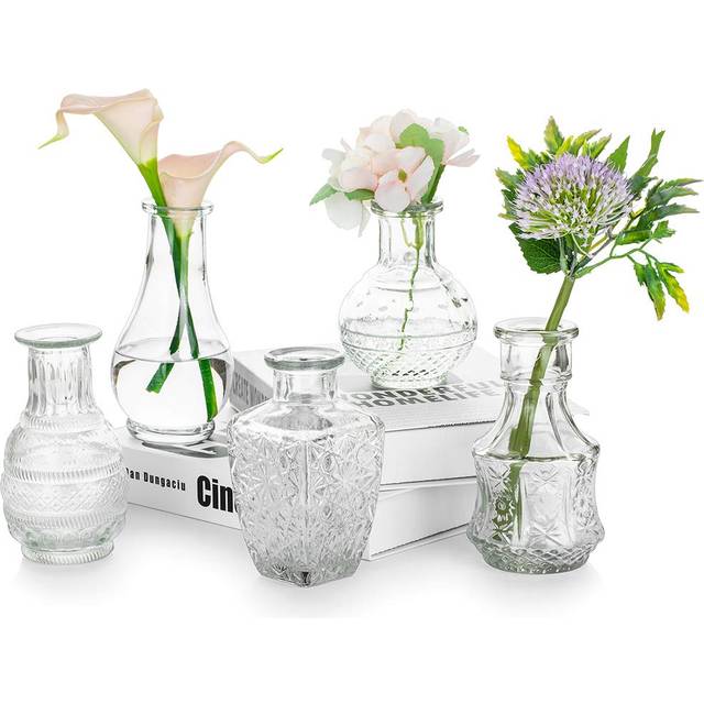 Glasseam Glass Small Bud Vase: Vintage Flower Vases for Centerpieces Mini Crystal Clear Vase Set of 5 Cute Decorative Vases for Flowers Decor Wedding