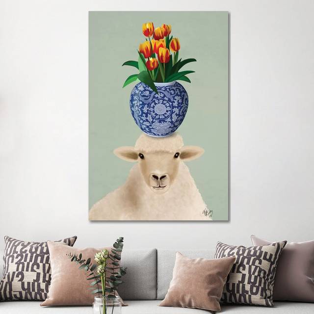 Sheep and Tulips by Fab Funky - Wrapped Canvas Art Prints (152.5 cm H x 101.5 cm W)