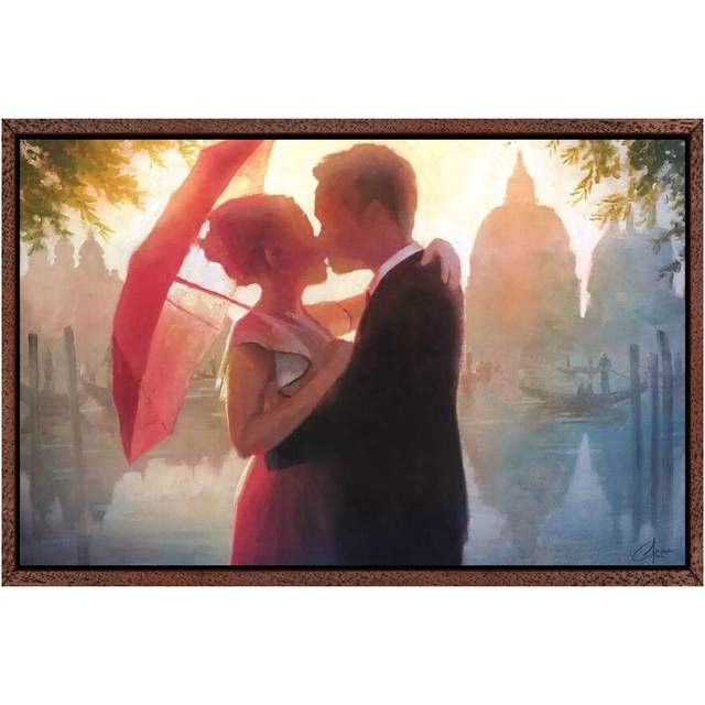 Red Umbrella in Venice by Christopher Clark - Floater Frame Graphic Art on Canvas - Classic Brown Wood Framed Canvas (45.72cm H x 66.04cm W x 3.81cm D)