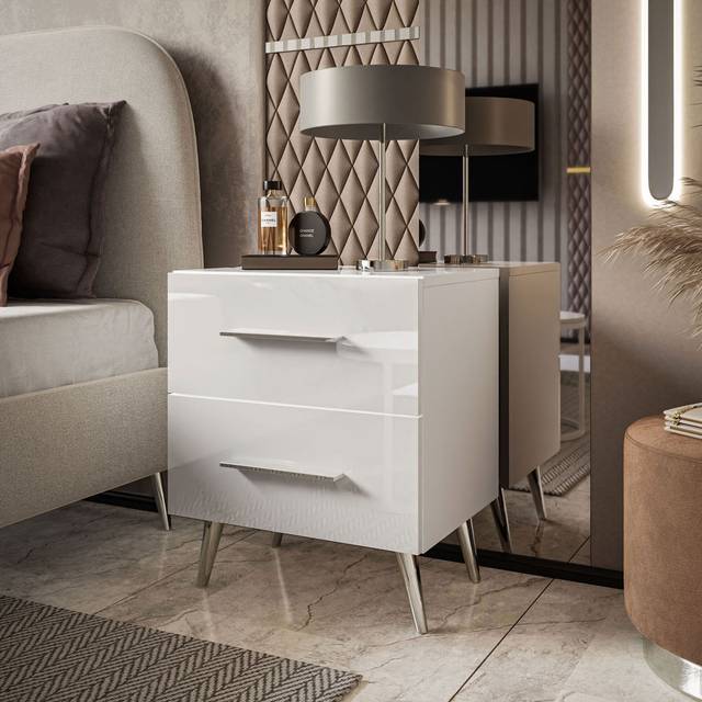 George Oliver Berke LUX Nightstand on Legs with Glossy Top White/Silver 55cm H X 45cm W X 38.5cm D
