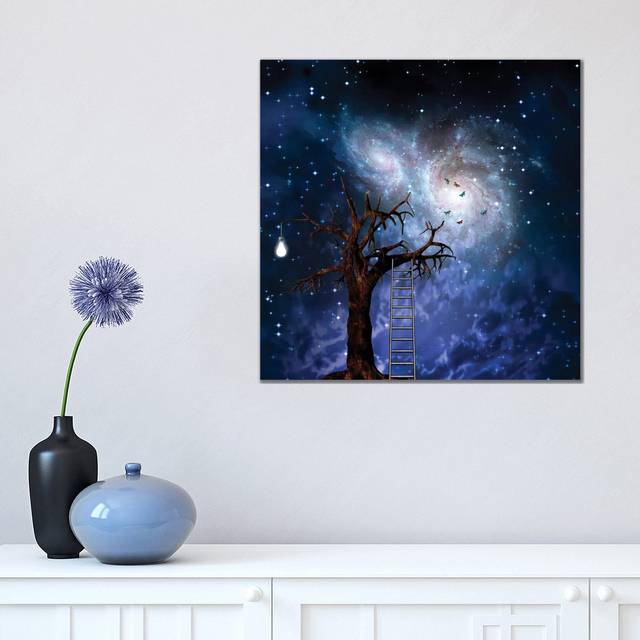 Old Tree With Ladder Light Bulb Represents Idea Spiral Galaxies In Starry Sky by Bruce Rolff - Wrapped Canvas Gallery-Wrapped Canvas GiclÃ©e (45.72cm H x 45.72cm W x 3.81cm D)