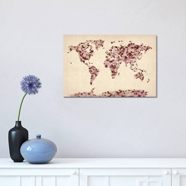 Vintage Hearts World Map by Michael Tompsett - Wrapped Canvas Painting (30.48 cm H x 45.72 cm W)