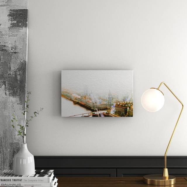 London Big Ben in the Mist Graphic Art Wrapped on Canvas - Grey (30 cm H x 46 cm W x 4 cm D)