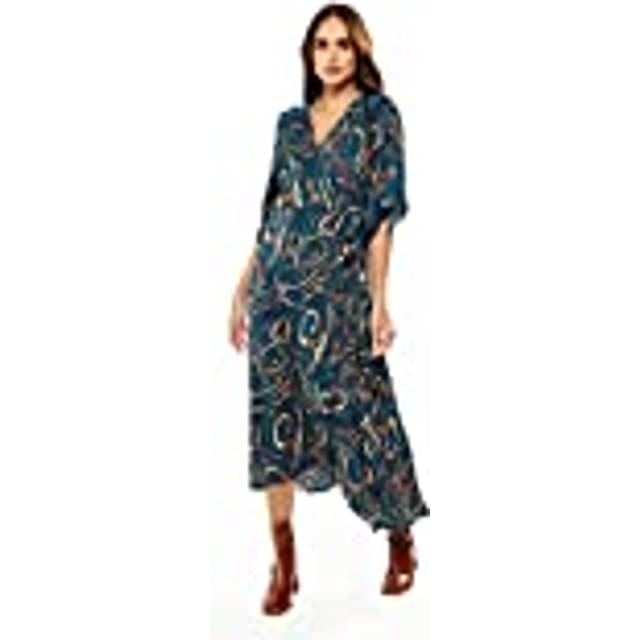 Womens Scribble Print Maxi Wrap Dress With Kimono Sleeves In Dark Green - Multi - 10