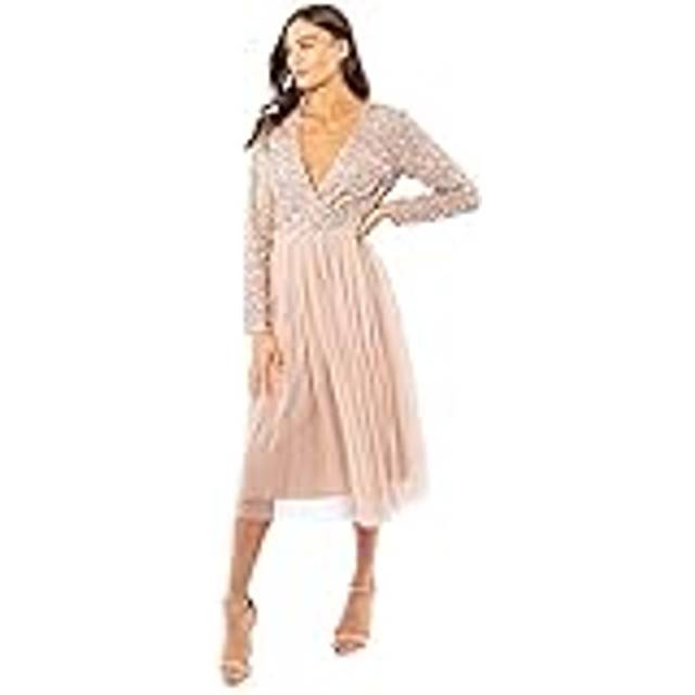 Faux Wrap Embellished Long Sleeve Midi Dress - Taupe - 24