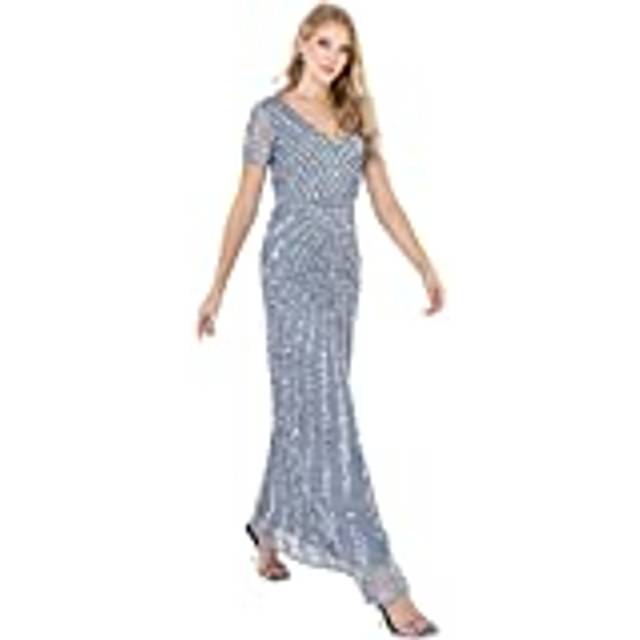 Short Sleeve Stripe Embellished Maxi Dress - Blue - 16