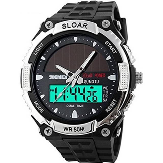 SKMEI Mens Solar Power Dual Time Display Wrist Watch, 165 FT Water Resistant (Silver) - Blue