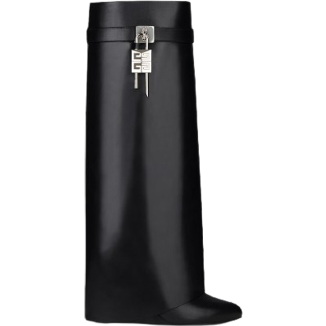 Black Leather Knee-High Wedge Boots