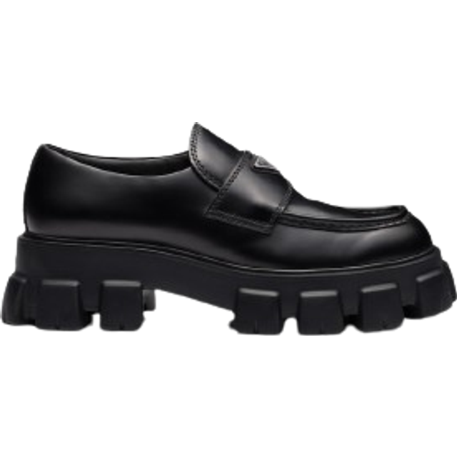 Prada Mens Black Monolith Logo-embellished Brushed Leather Loafers Eur 44.5 / 10.5 Uk Men - BLACK