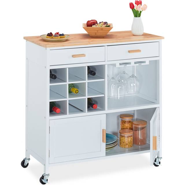 Relaxdays - Kitchen Trolley, HxWxD: 88.5 x 86 x 41 cm, Worktop, Wine Rack, Glass Holder, Wheeled Culinary Cabinet, White
