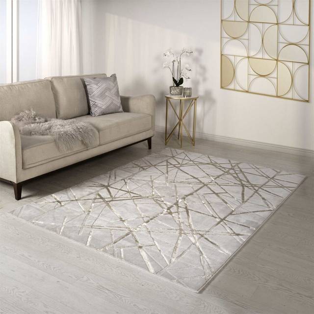 Large Beige Rug with Gold Scoring - 340 x 240 cm - Aurora
