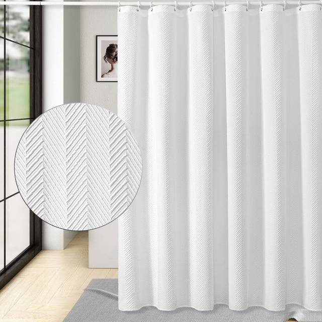 White Shower Curtain, 3D Embossed Textured Herringbone Fabric Modern Farmhouse Bathroom Decor Soft Cloth Curtain Set with Hooks, 72x72