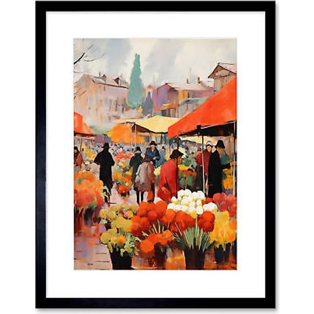 Wall Art Print Busy Flower Market Warm Amber Orange Yellow Oil Painting Artwork Framed 9X7 Inch - Black - W7 inch x H9 inch