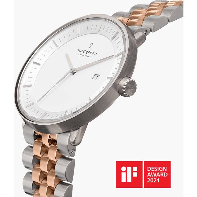 Nordgreen Danish Women's Simple Dress Watch - 36mm Silver Case - White Dial - Silver/Rose Gold Metal Strap