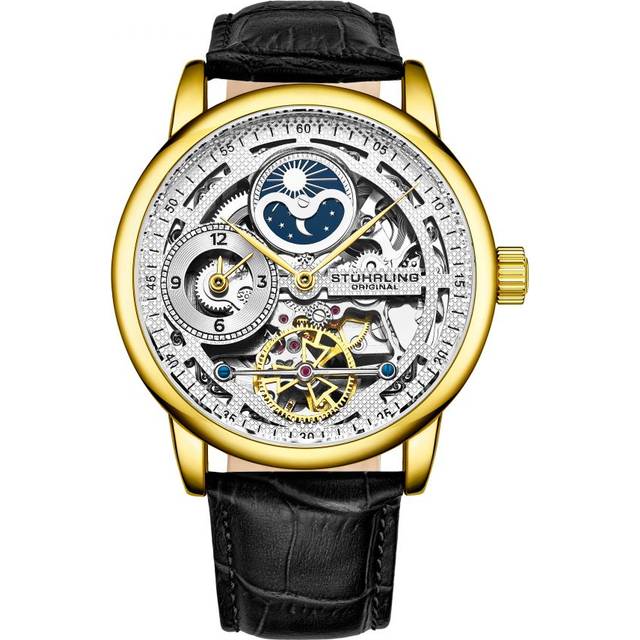 Stuhrling 3917 Automatic Skeleton Watch Dual Time Subdial, AM/PM Indicator, and Alligator-Embossed Leather Strap for Sophisticated Style - Metallics - - One Size