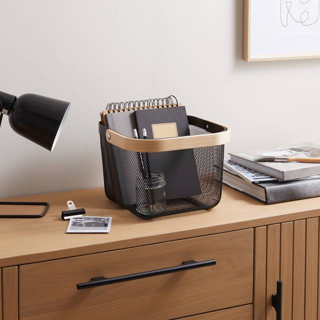 Square Wire Basket with Wooden Handle - Black