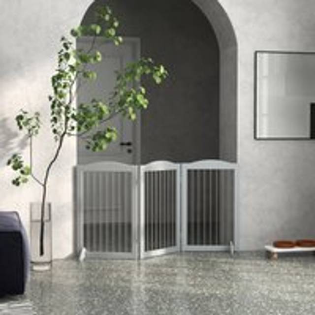 PawHut Foldable Dog Gate - Freestanding Pet Gate with Two Support Feet - Grey | TJ Hughes
