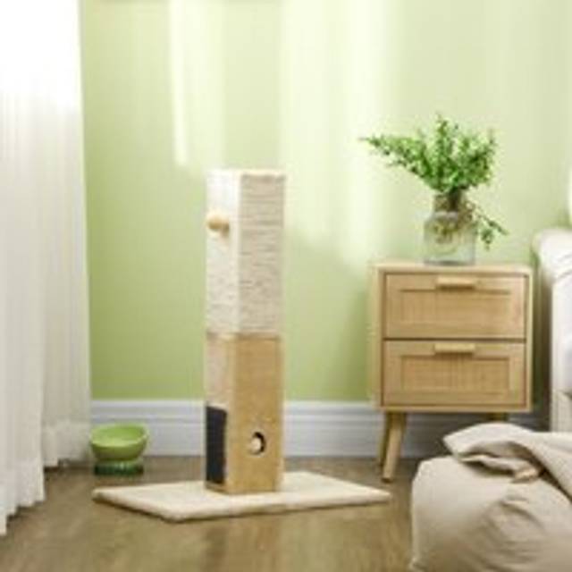 PawHut Cat Scratching Post Scratcher Climber w/ Carpet Base Hanging Toy - Beige | TJ Hughes