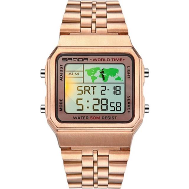500 Business Fashion Square Flashlight Electronic Watch World Map Multi Functional Male Student Steel Wristwatch(Rose Gold)