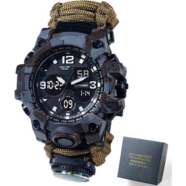 Men Military Sports Watch LED Digital Quartz Dual Time Display Clock Waterproof Compass Relogios Masculino - Brown
