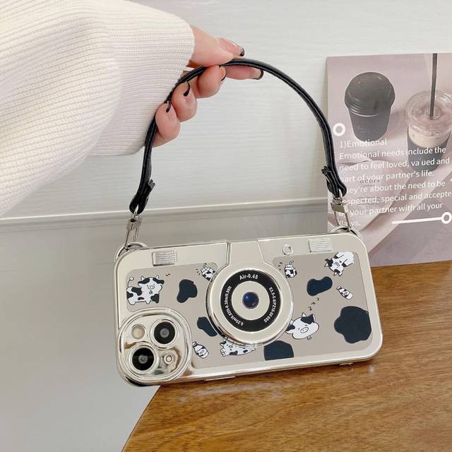 Fashionable iPhone 13 Pro Max phone case camera design, retro cute cow and black bracelet shockproof, lightweight ultra-thin and non slip (cute cow)