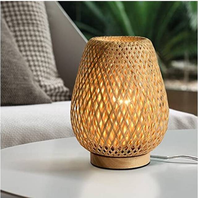 HUAMI Bedside Table Lamp with Double Layer Bamboo Lampshade Wooden Base Bedroom Lamp Handmade Decorative Night Light for Wedding Party Indoor Bedroom
