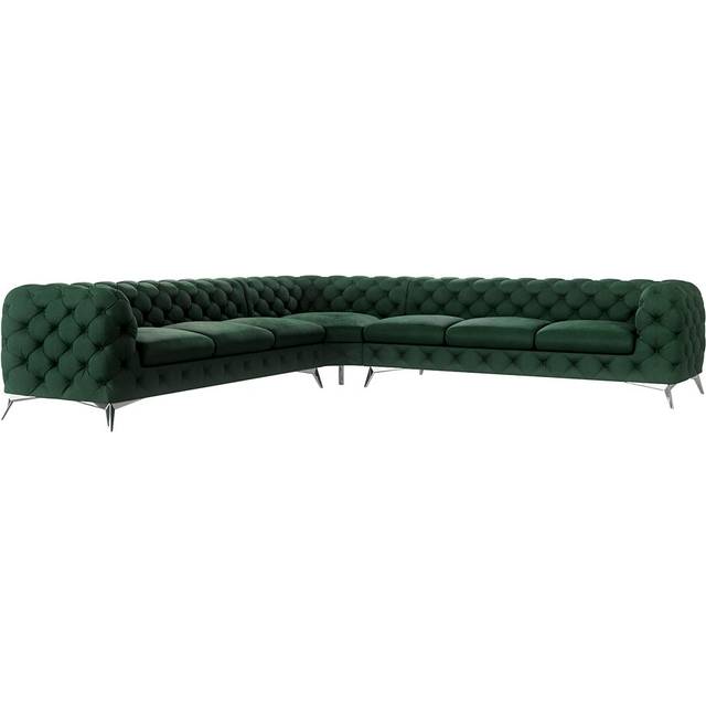 Chesterfield Corner Sofa L-Shape Bixby with Silver Metal Legs - Bottle Green (73cm H X 323cm W X 323cm D)