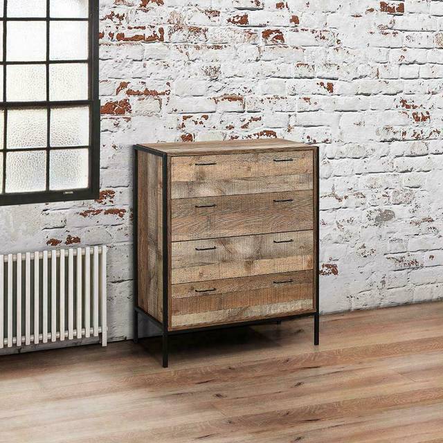 Urban Rustic - 4 Drawer Chest - Oak/Black - Wooden/Metal - Happy Beds - Brown/Black